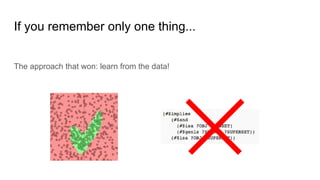 If you remember only one thing...
The approach that won: learn from the data!
 
