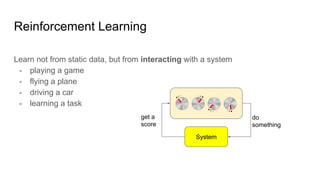 Reinforcement Learning
Learn not from static data, but from interacting with a system
- playing a game
- flying a plane
- driving a car
- learning a task
System
do
something
get a
score
 