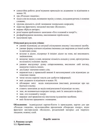  самостійна робота: розв’язування прикладів на додавання та віднімання в
межах 10;
 гра «Розсади глядачів»;
 поділ слів на склади, називання звуків у словах, складання речень із новими
словами;
 групова діяльність дітей: називання театральних осередків;
 перегляд фрагменту лялькової вистави «Колосок»;
 вправа «Крісло автора»;
 розв’язання проблемного запитання «Хто головний в театрі?»;
 розфарбовування малюнка, наклеювання героїв казок;
 пальчикові ігри.
Очікувані результати учіння:
 уживає відповідну до ситуації спілкування лексику і несловесні засоби;
 уживає форму кличного відмінка іменника для звертання до іншої особи
та ввічливі слова;
 вступає в діалог, підтримує й ініціює діалог на теми, які викликають
зацікавлення;
 визначає звуки у слові, визначає кількість складів у слові, орієнтуючись
на кількість голосних звуків;
 уважно вислуховує думку співрозмовника, висловлює свій погляд,
шануючи гідність інших;
 досліджує значення нових слів;
 вправляється у правильній вимові й наголошуванні слів відповідно до
тематики тижня;
 читає вголос короткі тексти для здобуття інформації;
 вміє додавати та віднімати в межах 10;
 обговорює зміст медіа повідомлення (вистави), розповідає про що
йдеться в ньому;
 ставить запитання до медіа повідомлення й відповідає на них;
 знає, як називаються осередки театру, вміє їх знаходити на фото;
 знає, хто головний у театрі;
 виражає свої враження від мистецтва художніми засобами;
 вміє безпечно працювати з ножицями.
Обладнання: індивідуальні картки-білети із прикладами, картки для гри
«Розсади глядачів», мультимедійна презентація «Осередки театру», відео
фрагмент вистави-казки «Колосок», роздатковий матеріал для творчого
завдання, ножиці, клей.
Перебіг заняття
1. Ранкова зустріч
1.1. Привітання.
 