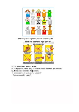 11.1 Повторення правил роботи з ножицями.
11.2. Самостійна робота дітей.
11.3. Представлення результатів власної творчої діяльності.
12. Підсумок заняття. Рефлексія.
- З яким настроєм закінчуєте заняття?
- Хто головний у театрі?
 