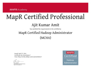 MapR Certified Professional
Ajit Kumar Amit
has satisfied the requirements to be certified as
MapR Certified Hadoop Administrator
(MCHA)
Issued: April 27, 2016
Certificate No: jz5sm58s4ev7
View: http://verify.skilljar.com/c/jz5sm58s4ev7
 