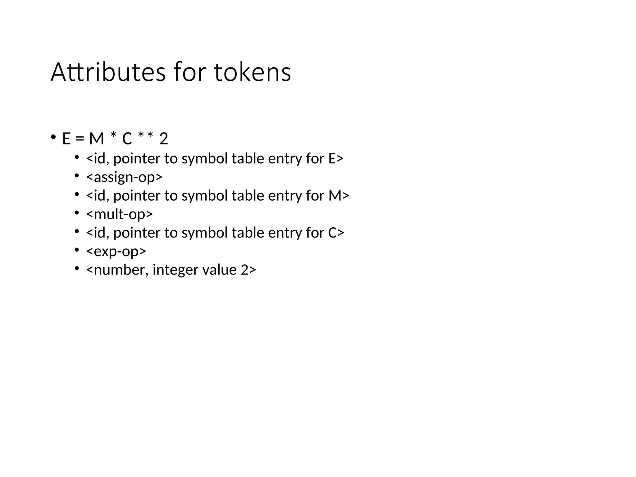 Attributes for tokens
• E = M * C ** 2
• <id, pointer to symbol table entry for E>
• <assign-op>
• <id, pointer to symbol table entry for M>
• <mult-op>
• <id, pointer to symbol table entry for C>
• <exp-op>
• <number, integer value 2>
 