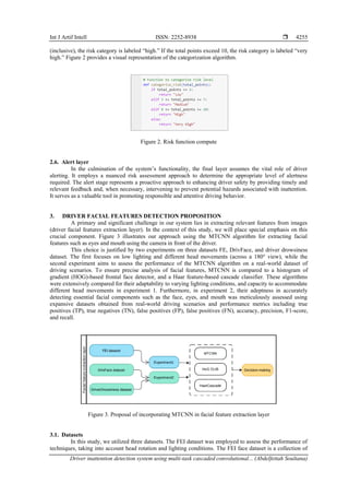 Int J Artif Intell ISSN: 2252-8938 
Driver inattention detection system using multi-task cascaded convolutional... (Abdelfettah Soultana)
4255
(inclusive), the risk category is labeled “high.” If the total points exceed 10, the risk category is labeled “very
high.” Figure 2 provides a visual representation of the categorization algorithm.
Figure 2. Risk function compute
2.6. Alert layer
In the culmination of the system’s functionality, the final layer assumes the vital role of driver
alerting. It employs a nuanced risk assessment approach to determine the appropriate level of alertness
required. The alert stage represents a proactive approach to enhancing driver safety by providing timely and
relevant feedback and, when necessary, intervening to prevent potential hazards associated with inattention.
It serves as a valuable tool in promoting responsible and attentive driving behavior.
3. DRIVER FACIAL FEATURES DETECTION PROPOSITION
A primary and significant challenge in our system lies in extracting relevant features from images
(driver facial features extraction layer). In the context of this study, we will place special emphasis on this
crucial component. Figure 3 illustrates our approach using the MTCNN algorithm for extracting facial
features such as eyes and mouth using the camera in front of the driver.
This choice is justified by two experiments on three datasets FE, DrivFace, and driver drowsiness
dataset. The first focuses on low lighting and different head movements (across a 180° view), while the
second experiment aims to assess the performance of the MTCNN algorithm on a real-world dataset of
driving scenarios. To ensure precise analysis of facial features, MTCNN is compared to a histogram of
gradient (HOG)-based frontal face detector, and a Haar feature-based cascade classifier. These algorithms
were extensively compared for their adaptability to varying lighting conditions, and capacity to accommodate
different head movements in experiment 1. Furthermore, in experiment 2, their adeptness in accurately
detecting essential facial components such as the face, eyes, and mouth was meticulously assessed using
expansive datasets obtained from real-world driving scenarios and performance metrics including true
positives (TP), true negatives (TN), false positives (FP), false positives (FN), accuracy, precision, F1-score,
and recall.
Figure 3. Proposal of incorporating MTCNN in facial feature extraction layer
3.1. Datasets
In this study, we utilized three datasets. The FEI dataset was employed to assess the performance of
techniques, taking into account head rotation and lighting conditions. The FEI face dataset is a collection of
 