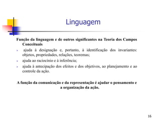 16
Função da linguagem e de outros significantes na Teoria dos Campos
Conceituais
 ajuda à designação e, portanto, à identificação dos invariantes:
objetos, propriedades, relações, teoremas;
 ajuda ao raciocínio e à inferência;
 ajuda à antecipação dos efeitos e dos objetivos, ao planejamento e ao
controle da ação.
A função da comunicação e da representação é ajudar o pensamento e
a organização da ação.
Linguagem
 