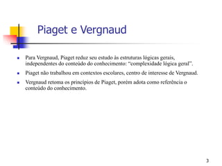 3
 Para Vergnaud, Piaget reduz seu estudo às estruturas lógicas gerais,
independentes do conteúdo do conhecimento: “complexidade lógica geral”.
 Piaget não trabalhou em contextos escolares, centro de interesse de Vergnaud.
 Vergnaud retoma os princípios de Piaget, porém adota como referência o
conteúdo do conhecimento.
Piaget e Vergnaud
 