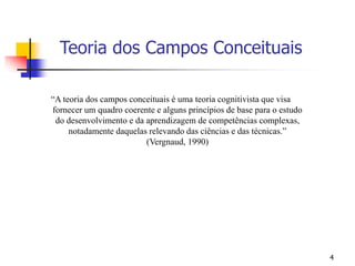 4
“A teoria dos campos conceituais é uma teoria cognitivista que visa
fornecer um quadro coerente e alguns princípios de base para o estudo
do desenvolvimento e da aprendizagem de competências complexas,
notadamente daquelas relevando das ciências e das técnicas.”
(Vergnaud, 1990)
Teoria dos Campos Conceituais
 