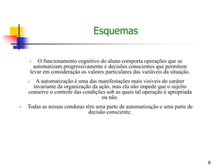 8
 O funcionamento cognitivo do aluno comporta operações que se
automatizam progressivamente e decisões conscientes que permitem
levar em consideração os valores particulares das variáveis da situação.
 A automatização é uma das manifestações mais visíveis do caráter
invariante da organização da ação, mas ela não impede que o sujeito
conserve o controle das condições sob as quais tal operação é apropriada
ou não.
 Todas as nossas condutas têm uma parte de automatização e uma parte de
decisão consciente.
Esquemas
 