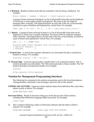 About This Manual                                     Notation for Management Programming Interfaces



[ ] Brackets. Brackets enclose items that are sometimes, but not always, displayed. For
     example:
      Event number = number [ Subject = first-subject-value ]
      A group of items enclosed in brackets is a list of all possible items that can be displayed,
      of which one or none might actually be displayed. The items in the list might be
      arranged either vertically, with aligned brackets on each side of the list, or horizontally,
      enclosed in a pair of brackets and separated by vertical lines. For example:
      LDEV ldev [ CU %ccu | CU %... ] UP [ (cpu,chan,%ctlr,%unit) ]

{ } Braces. A group of items enclosed in braces is a list of all possible items that can be
     displayed, of which one is actually displayed. The items in the list might be arranged
     either vertically, with aligned braces on each side of the list, or horizontally, enclosed in
     a pair of braces and separated by vertical lines. For example:
      LBU { X | Y } POWER FAIL
      process-name State changed from old-objstate to objstate
      { Operator Request. }
      { Unknown.          }

| Vertical Line. A vertical line separates alternatives in a horizontal list that is enclosed in
     brackets or braces. For example:
      Transfer status: { OK | Failed }

% Percent Sign. A percent sign precedes a number that is not in decimal notation. The %
   notation precedes an octal number. The %B notation precedes a binary number. The %H
   notation precedes a hexadecimal number. For example:
      %005400
      P=%p-register E=%e-register

Notation for Management Programming Interfaces
      The following list summarizes the notation conventions used in the boxed descriptions
      of programmatic commands, event messages, and error lists in this manual.

UPPERCASE LETTERS. Uppercase letters indicate names from definition files; enter these
    names exactly as shown. For example:
      ZCOM-TKN-SUBJ-SERV

lowercase letters. Words in lowercase letters are words that are part of the notation,
     including Data Definition Language (DDL) keywords. For example:
      token-type

!r.   The !r notation following a token or field name indicates that the token or field is
      required. For example:
      ZCOM-TKN-OBJNAME                token-type ZSPI-TYP-STRING.                            !r

               Guardian Programming Reference Summary for pTAL and TAL —522631-001
                                               viii
 