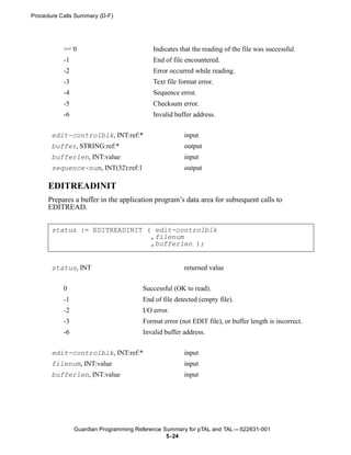Procedure Calls Summary (D-F)




           >= 0                            Indicates that the reading of the file was successful.
           -1                              End of file encountered.
           -2                              Error occurred while reading.
           -3                              Text file format error.
           -4                              Sequence error.
           -5                              Checksum error.
           -6                              Invalid buffer address.


       edit-controlblk, INT:ref:*                     input
       buffer, STRING:ref:*                           output
       bufferlen, INT:value                           input
       sequence-num, INT(32):ref:1                    output

      EDITREADINIT
      Prepares a buffer in the application program’s data area for subsequent calls to
      EDITREAD.


       status := EDITREADINIT ( edit-controlblk
                               ,filenum
                               ,bufferlen );


       status, INT                                    returned value


           0                           Successful (OK to read).
           -1                          End of file detected (empty file).
           -2                          I/O error.
           -3                          Format error (not EDIT file), or buffer length is incorrect.
           -6                          Invalid buffer address.

       edit-controlblk, INT:ref:*                     input
       filenum, INT:value                             input
       bufferlen, INT:value                           input




                Guardian Programming Reference Summary for pTAL and TAL —522631-001
                                                5- 24
 