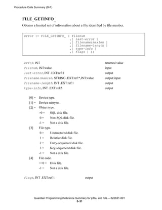 Procedure Calls Summary (D-F)



      FILE_GETINFO_
      Obtains a limited set of information about a file identified by file number.


       error := FILE_GETINFO_ ( filenum
                               ,[ last-error ]
                               ,[ filename:maxlen ]
                               ,[ filename-length ]
                               ,[ type-info ]
                               ,[ flags ] );


       error, INT                                                    returned value
       filenum, INT:value                                            input
       last-error, INT .EXT:ref:1                                    output
       filename:maxlen, STRING .EXT:ref:*,INT:value                  output:input
       filename-length, INT .EXT:ref:1                               output
       type-info, INT .EXT:ref:5                                     output


           [0] =    Device type.
           [1] =    Device subtype.
           [2] =    Object type.
                    >0 =     SQL disk file.
                     0=      Non-SQL disk file.
                    -1 =     Not a disk file.
           [3]      File type.
                     0=      Unstructured disk file.
                     1=      Relative disk file.
                     2=      Entry-sequenced disk file.
                     3=      Key-sequenced disk file.
                    -1 =     Not a disk file.
           [4]      File code.
                    >=0 =    Disk file.
                    -1 =     Not a disk file.


       flags, INT .EXT:ref:1                              output




                 Guardian Programming Reference Summary for pTAL and TAL —522631-001
                                                 5- 31
 