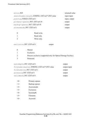Procedure Calls Summary (D-F)




       error, INT                                                           returned value
       searchname:length, STRING .EXT:ref:*,INT:value                       input:input
       prevtag, FIXED .EXT:ref:1                                            input, output
       primary-opener, INT .EXT:ref:10                                      output
       backup-opener, INT .EXT:ref:10                                       output
       accessmode, INT .EXT:ref:1                                           output


           0                       Read-write.
           1                       Read only.
           2                       Write only.

       exclusion, INT .EXT:ref:1                      output


           0             Shared.
           1             Exclusive.
           2             Process exclusive (supported only for Optical Storage Facility).
           3             Protected.


       syncdepth, INT .EXT:ref:1                                          output
       filename:maxlen, STRING .EXT:ref:*,INT:value                       output:input
       filenamelen, INT .EXT:ref:1                                        output
       accessid, INT .EXT:ref:1                                           output
       validmask, INT .EXT:ref:1                                          output


           <0>             Primary-opener.
           <1>             Backup-opener.
           <2>             Accessmode.
           <3>             Exclusion.
           <4>             Syncdepth.
           <5>             Filename.
           <6>             Accessid.




               Guardian Programming Reference Summary for pTAL and TAL —522631-001
                                               5- 40
 