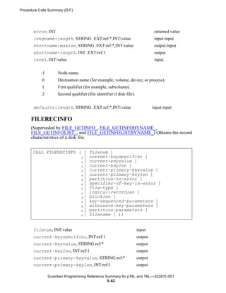 Procedure Calls Summary (D-F)




       error, INT                                                                 returned value
       longname:length, STRING .EXT:ref:*,INT:value                               input:input
       shortname:maxlen, STRING .EXT:ref:*,INT:value                              output:input
       shortname-length, INT .EXT:ref:1                                           output
       level, INT:value                                                           input.


           -1        Node name.
            0        Destination name (for example, volume, device, or process).
            1        First qualifier (for example, subvolume).
            2        Second qualifier (file identifier if disk file).

       defaults:length, STRING .EXT:ref:*,INT:value                              input:input

      FILERECINFO
      (Superseded by FILE_GETINFO_, FILE_GETINFOBYNAME_,
      FILE_GETINFOLIST_, and FILE_GETINFOLISTBYNAME_) Obtains the record
      characteristics of a disk file.


       CALL FILERECINFO ( [             filenum ]
                         ,[             current-keyspecifier ]
                         ,[             current-keyvalue ]
                         ,[             current-keylen ]
                         ,[             current-primary-keyvalue ]
                         ,[             current-primary-keylen ]
                         ,[             partition-in-error ]
                         ,[             specifier-of-key-in-error ]
                         ,[             file-type ]
                         ,[             logical-recordlen ]
                         ,[             blocklen ]
                         ,[             key-sequenced-parameters ]
                         ,[             alternate-key-parameters ]
                         ,[             partition-parameters ]
                         ,[             filename ] );


       filenum, INT:value                                               input
       current-keyspecifier, INT:ref:1                                  output
       current-keyvalue, STRING:ref:*                                   output
       current-keylen, INT:ref:1                                        output
       current-primary-keyvalue, STRING:ref:*                           output
       current-primary-keylen, INT:ref:1                                output

                Guardian Programming Reference Summary for pTAL and TAL —522631-001
                                                5- 62
 