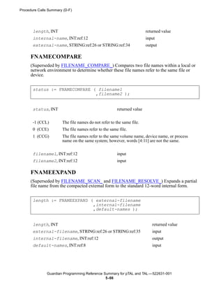 Procedure Calls Summary (D-F)




       length, INT                                                      returned value
       internal-name, INT:ref:12                                        input
       external-name, STRING:ref:26 or STRING:ref:34                    output

      FNAMECOMPARE
      (Superseded by FILENAME_COMPARE_) Compares two file names within a local or
      network environment to determine whether these file names refer to the same file or
      device.


       status := FNAMECOMPARE ( filename1
                               ,filename2 );


       status, INT                                     returned value


       -1 (CCL)        The file names do not refer to the same file.
       0 (CCE)         The file names refer to the same file.
       1 (CCG)         The file names refer to the same volume name, device name, or process
                       name on the same system; however, words [4:11] are not the same.


       filename1, INT:ref:12                           input
       filename2, INT:ref:12                           input

      FNAMEEXPAND
      (Superseded by FILENAME_SCAN_ and FILENAME_RESOLVE_) Expands a partial
      file name from the compacted external form to the standard 12-word internal form.


       length := FNAMEEXPAND ( external-filename
                              ,internal-filename
                              ,default-names );


       length, INT                                                         returned value
       external-filename, STRING:ref:26 or STRING:ref:35                   input
       internal-filename, INT:ref:12                                       output
       default-names, INT:ref:8                                            input




               Guardian Programming Reference Summary for pTAL and TAL —522631-001
                                               5- 66
 
