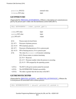 Procedure Calls Summary (G-N)




       position, INT(32)                                returned value
       filenum, INT:value                               input

      GETPPDENTRY
      (Superseded by PROCESS_GETPAIRINFO_) Obtains a description of a named process
      pair by the process pair’s index into the destination control table (DCT).


       CALL GETPPDENTRY ( index ,sysnum ,ppd );


       index, INT:value                                 input
       sysnum, INT:value                                input
       ppd, INT:ref:9                                   output


       [0:2]        Process name (in local form).
       [3].<0:7>    Processor of primary process.
       [3].<8:15>   PIN of primary process.
       [4].<0:7>    Processor of backup process if it is a process pair.
       [4].<8:15>   PIN of backup process, if it is a process pair.
       [5:8]        The value of process-id of ancestor containing:
                    [0:2] Process name or creation timestamp.
                    [3].<0:3> Reserved.
                    [3].<4:7> Processor number where the process is executing.
                    [3].<8:15> PIN assigned by the operating system.


       < (CCL)      The DCT in the given system cannot be accessed.
       = (CCE)      The GETPPDENTRY finished successfully.
       > (CCG)      The index is greater than the last entry in the DCT.

      GETREMOTECRTPID
      (Superseded by PROCESS_GETINFO_ and PROCESS_GETINFOLIST_) Obtains the
      4-word process ID associated with a remote process.


       CALL GETREMOTECRTPID ( cpu,pin ,process-id ,sysnum );




               Guardian Programming Reference Summary for pTAL and TAL —522631-001
                                               6 -4
 