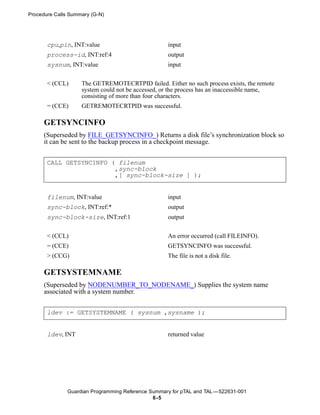 Procedure Calls Summary (G-N)




       cpu,pin, INT:value                           input
       process-id, INT:ref:4                        output
       sysnum, INT:value                            input


       < (CCL)      The GETREMOTECRTPID failed. Either no such process exists, the remote
                    system could not be accessed, or the process has an inaccessible name,
                    consisting of more than four characters.
       = (CCE)      GETREMOTECRTPID was successful.

      GETSYNCINFO
      (Superseded by FILE_GETSYNCINFO_) Returns a disk file’s synchronization block so
      it can be sent to the backup process in a checkpoint message.


       CALL GETSYNCINFO ( filenum
                         ,sync-block
                         ,[ sync-block-size ] );


       filenum, INT:value                           input
       sync-block, INT:ref:*                        output
       sync-block-size, INT:ref:1                   output


       < (CCL)                                      An error occurred (call FILEINFO).
       = (CCE)                                      GETSYNCINFO was successful.
       > (CCG)                                      The file is not a disk file.

      GETSYSTEMNAME
      (Superseded by NODENUMBER_TO_NODENAME_) Supplies the system name
      associated with a system number.


       ldev := GETSYSTEMNAME ( sysnum ,sysname );


       ldev, INT                                    returned value




               Guardian Programming Reference Summary for pTAL and TAL —522631-001
                                               6 -5
 
