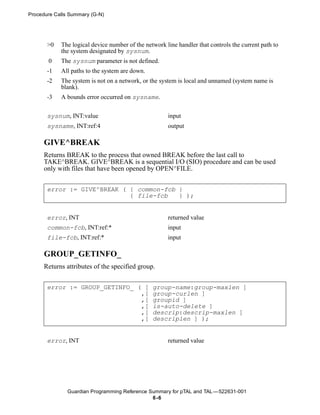 Procedure Calls Summary (G-N)




       >0   The logical device number of the network line handler that controls the current path to
            the system designated by sysnum.
       0    The sysnum parameter is not defined.
       -1   All paths to the system are down.
       -2   The system is not on a network, or the system is local and unnamed (system name is
            blank).
       -3   A bounds error occurred on sysname.


       sysnum, INT:value                              input
       sysname, INT:ref:4                             output

      GIVE^BREAK
      Returns BREAK to the process that owned BREAK before the last call to
      TAKE^BREAK. GIVE^BREAK is a sequential I/O (SIO) procedure and can be used
      only with files that have been opened by OPEN^FILE.


       error := GIVE^BREAK ( { common-fcb }
                             { file-fcb   } );


       error, INT                                     returned value
       common-fcb, INT:ref:*                          input
       file-fcb, INT:ref:*                            input

      GROUP_GETINFO_
      Returns attributes of the specified group.


       error := GROUP_GETINFO_ ( [              group-name:group-maxlen ]
                                ,[              group-curlen ]
                                ,[              groupid ]
                                ,[              is-auto-delete ]
                                ,[              descrip:descrip-maxlen ]
                                ,[              descriplen ] );


       error, INT                                     returned value




               Guardian Programming Reference Summary for pTAL and TAL —522631-001
                                               6 -6
 