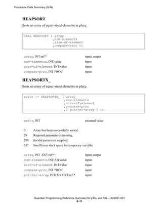 Procedure Calls Summary (G-N)



      HEAPSORT
      Sorts an array of equal-sized elements in place.


       CALL HEAPSORT ( array
                      ,num-elements
                      ,size-of-element
                      ,compare-proc );


       array, INT:ref:*                                input, output
       num-elements, INT:value                         input
       size-of-element, INT:value                      input
       compare-proc, INT PROC                          input

      HEAPSORTX_
      Sorts an array of equal-sized elements in place.


       error := HEAPSORTX_ ( array
                            ,num-elements
                            ,size-of-element
                            ,compare-proc
                            ,[ pointer-array ] );


       error, INT                                      returned value


       0      Array has been successfully sorted.
       29     Required parameter is missing.
       590    Invalid parameter supplied.
       632    Insufficient stack space for temporary variable.


       array, INT .EXT:ref:*                           input, output
       num-elements, INT(32):value                     input
       size-of-element, INT:value                      input
       compare-proc, INT PROC                          input
       pointer-array, INT(32) .EXT:ref:*               input




               Guardian Programming Reference Summary for pTAL and TAL —522631-001
                                               6- 11
 