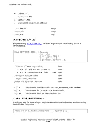 Procedure Calls Summary (G-N)




       0   Current GMT.
       1   System-load GMT.
       2   SYSGEN GMT.
       3   Microseconds since system cold load.


       tuid, INT:ref:1                                   output
       error, INT                                        output
       node, INT                                         input

      KEYPOSITION[X]
      (Superseded by FILE_SETKEY_) Positions by primary or alternate key within a
      structured file.


       CALL KEYPOSITION[X] ( filenum
                            ,key-value
                            ,[ key-specifier ]
                            ,[ length-word ]
                            ,[ positioning-mode ] );


       filenum, INT:value key-value,                               input
           STRING .ref:* (use with KEYPOSITION)                    input
           STRING .EXT:ref:* (use with KEYPOSITIONX)               input
       key-specifier, INT:value                                    input
       length-word, INT:value                                      input
       positioning-mode, INT:value                                 input


       < (CCL)       Indicates that an error occurred (call FILE_GETINFO_ or FILEINFO).
       = (CCE)       Indicates that the KEYPOSITION was successful.
       > (CCG)       Indicates that this is not a structured disk file.

      LABELEDTAPESUPPORT
      Provides a way for nonprivileged programs to determine whether tape-label processing
      is enabled on the system.


       retvalue := LABELEDTAPESUPPORT ( [ sysnum ] );



               Guardian Programming Reference Summary for pTAL and TAL —522631-001
                                               6- 19
 