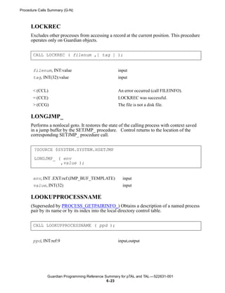 Procedure Calls Summary (G-N)



      LOCKREC
      Excludes other processes from accessing a record at the current position. This procedure
      operates only on Guardian objects.


       CALL LOCKREC ( filenum ,[ tag ] );


       filenum, INT:value                           input
       tag, INT(32):value                           input


       < (CCL)                                      An error occurred (call FILEINFO).
       = (CCE)                                      LOCKREC was successful.
       > (CCG)                                      The file is not a disk file.

      LONGJMP_
      Performs a nonlocal goto. It restores the state of the calling process with context saved
      in a jump buffer by the SETJMP_ procedure. Control returns to the location of the
      corresponding SETJMP_ procedure call.


       ?SOURCE $SYSTEM.SYSTEM.HSETJMP

       LONGJMP_ ( env
                 ,value );


       env, INT .EXT:ref:(JMP_BUF_TEMPLATE)            input
       value, INT(32)                                  input

      LOOKUPPROCESSNAME
      (Superseded by PROCESS_GETPAIRINFO_) Obtains a description of a named process
      pair by its name or by its index into the local directory control table.


       CALL LOOKUPPROCESSNAME ( ppd );


       ppd, INT:ref:9                               input,output




               Guardian Programming Reference Summary for pTAL and TAL —522631-001
                                               6- 23
 
