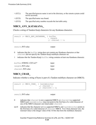 Procedure Calls Summary (G-N)




       < (CCL)       The specified process name is not in the directory, or the remote system could
                     not be accessed.
       = (CCE)       The specified name was found.
       > (CCG)       The specified entry number exceeds the last table entry.

      MBCS_ANY_KATAKANA_
      Checks a string of Tandem Kanji characters for any Katakana characters.


       result := MBCS_ANY_KATAKANA_ ( buffer
                                     , length
                                     ,[ charset ] );


       result, INT:value                               output


       0   indicates that the buffer string does not contain any Katakana characters or that
           charset did not specify the Tandem Kanji multibyte character set.
       1   indicates that the Tandem Kanji buffer string contains at least one Katakana character.


       buffer, STRING .EXT:ref:*                       input
       length, INT:value                               input
       charset, INT:value                              input

      MBCS_CHAR_
      Indicates whether a string of bytes is part of a Tandem multibyte character set (MBCS).


       result := MBCS_CHAR_ ( testmbcschar
                             ,[ charset ]
                             ,[ charinfo ] );


       result, INT:value                               output


       0       indicates that charset is not a supported MBCS, or charset is a supported
               MBCS and testmbcschar does not point to the first byte of a valid character of
               one of the MBCS character sets listed under charset.
       not 0   indicates that the character set is a supported MBCS, and testmbcschar points to
               the first byte of a valid character of charset MBCS. For 2-byte character sets, the
               returned value is the integer value of the 16 bits that form the multibyte character.


               Guardian Programming Reference Summary for pTAL and TAL —522631-001
                                               6- 24
 