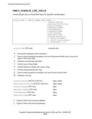 Procedure Calls Summary (G-N)



      MBCS_FORMAT_CRT_FIELD
      Formats Kanji only or mixed data types for specific terminal types.


       error-code := MBCS_FORMAT_CRT_FIELD_ (
                                       source-string
                                      ,destination-string
                                      ,source-length
                                      ,maximum-length
                                      ,intermediate
                                      ,terminal-type
                                      ,last-column,
                                      ,max-data-size
                                      ,screen-start-col
                                      ,[ shift-to-DBCS ]
                                      ,[ shift-to-one-byte ]
                                      ,[ startmode ] );


       error-code, INT:value                            returned value


       0     Successful completion of the translation
       -1    Source string translation incomplete, ran out of destination buffer area or ran out of
             space in the screen field
       -2    Unknown terminal type specified
       -3    Invalid source string length
       -4    Invalid character in Kanji only source string
       -5    Control string parameter too long
       -6    Source string translation incomplete, ran out of room in screen field
       29    Parameter missing


       source-string, INT(32) .EXT:ref:1                       input, output
       destination-string, INT(32) .EXT:ref:1                  input, output
       source-length, INT:value                                input
       maximum-length, INT:value                               input
       intermediate, INT:value                                 input
       terminal-type, INT:value                                input


       4    Fujitsu F-6650 with lowercase alphabet
       5    Fujitsu F-6650 with one-byte Katakana



               Guardian Programming Reference Summary for pTAL and TAL —522631-001
                                               6- 29
 