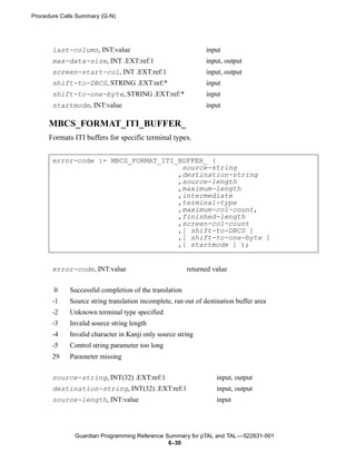 Procedure Calls Summary (G-N)




       last-column, INT:value                                  input
       max-data-size, INT .EXT:ref:1                           input, output
       screen-start-col, INT .EXT:ref:1                        input, output
       shift-to-DBCS, STRING .EXT:ref:*                        input
       shift-to-one-byte, STRING .EXT:ref:*                    input
       startmode, INT:value                                    input

      MBCS_FORMAT_ITI_BUFFER_
      Formats ITI buffers for specific terminal types.


       error-code := MBCS_FORMAT_ITI_BUFFER_ (
                                      source-string
                                     ,destination-string
                                     ,source-length
                                     ,maximum-length
                                     ,intermediate
                                     ,terminal-type
                                     ,maximum-col-count,
                                     ,finished-length
                                     ,screen-col-count
                                     ,[ shift-to-DBCS ]
                                     ,[ shift-to-one-byte ]
                                     ,[ startmode ] );


       error-code, INT:value                            returned value


       0     Successful completion of the translation
       -1    Source string translation incomplete, ran out of destination buffer area
       -2    Unknown terminal type specified
       -3    Invalid source string length
       -4    Invalid character in Kanji only source string
       -5    Control string parameter too long
       29    Parameter missing


       source-string, INT(32) .EXT:ref:1                          input, output
       destination-string, INT(32) .EXT:ref:1                     input, output
       source-length, INT:value                                   input




               Guardian Programming Reference Summary for pTAL and TAL —522631-001
                                               6- 30
 