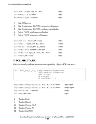 Procedure Calls Summary (G-N)



       maximum-length, INT .EXT:ref:1                         input
       intermediate, INT:value                                input
       terminal-type, INT:value                               input


       0    IBM 3274-series
       1    IBM Emulation on IBM5550 with one-byte Katakana
       2    IBM Emulation on IBM5550 with lowercase alphabet
       4    Fujitsu F-6650 with lowercase alphabet
       5    Fujitsu F-6650 with one-byte Katakana


       maximum-col-count, INT:value                           input
       finished-length, INT .EXT:ref:1                        output
       screen-col-count, INT .EXT:ref:1                       output
       shift-to-DBCS, STRING .EXT:ref:*                       input
       shift-to-one-byte, STRING .EXT:ref:*                   input
       startmode, INT:value                                   input

      MBCS_MB_TO_SB_
      Converts multibyte characters to the corresponding 1-byte ASCII characters.


       CALL MBCS_MB_TO_SB_ ( mbytestring:mbytecount
                            ,sbytestring:sbytecount
                            ,rbytecount
                            ,[ charset ]
                            ,[ charinfo ] );


       mbytestring:mbytecount, STRING .EXT:*,INT:value                 input:input
       sbytestring:sbytecount, STRING .EXT:*,INT:value                 output:input
       rbytecount, INT .EXT:ref:1                                      output
       charset, INT:value                                              input


       1     Tandem Kanji
       9     Tandem Hangul
       10    Tandem Chinese Big 5
       11    Tandem Chinese PC
       12    Tandem KSC5601


               Guardian Programming Reference Summary for pTAL and TAL —522631-001
                                               6- 31
 