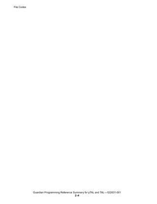 File Codes




             Guardian Programming Reference Summary for pTAL and TAL —522631-001
                                             2 -4
 