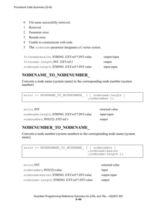 Procedure Calls Summary (G-N)




       0   File name successfully retrieved.
       1   Reserved.
       2   Parameter error.
       3   Bounds error.
       4   Unable to communicate with node.
       5   The nodename parameter designates a C-series system.

       filename:maxlen, STRING .EXT:ref:*,INT:value                output:input
       filename-length, INT .EXT:ref:1                             output
       nodename:length, STRING .EXT:ref:*,INT:value                input:input

      NODENAME_TO_NODENUMBER_
      Converts a node name (system name) to the corresponding node number (system
      number).


       error := NODENAME_TO_NODENUMBER_ ( [ nodename:length ]
                                         ,nodenumber );


       error, INT                                               returned value
       nodename:length, STRING .EXT:ref:*,INT:value             input:input
       nodenumber, INT(32) .EXT:ref:1                           output

      NODENUMBER_TO_NODENAME_
      Converts a node number (system number) to the corresponding node name (system
      name).


       error := NODENUMBER_TO_NODENAME_ ( [ nodenumber ]
                                         ,nodename:maxlen
                                         ,nodename-length );


       error, INT                                                 returned value
       nodenumber, INT(32):value                                  input
       nodename:maxlen, STRING .EXT:ref:*,INT:value               output:input
       nodename-length, STRING .EXT:ref:*,INT:value               output




               Guardian Programming Reference Summary for pTAL and TAL —522631-001
                                               6- 44
 