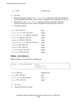 Procedure Calls Summary (O-Q)




       error INT                                        returned value


       0   No error.
       2   Required parameter missing. The error-detail parameter contains the number of
           the first parameter found to be in error, where 1 designates the first parameter on the left.
       3   Bounds error. The error-detail parameter contains the number of the first
           parameter found to be in error, where 1 designates the first parameter on the left.
       9   Corrupt pool header.


       pool, INT .EXT:ref:*                             input
       error-detail, INT .EXT:ref:1                     output
       avail-pool-size, INT(32) .EXT:ref:1              output
       curalloc, INT(32) .EXT:ref:1                     output
       maxalloc, INT(32) .EXT:ref:1                     output
       fail-block-size, INT(32) .EXT:ref:1              output
       curfrag, INT .EXT:ref:1                          output
       maxfrag, INT .EXT:ref:1                          output
       alignment, INT .EXT:ref:1                        output
       tag-size, INT .EXT:ref:1                         output

     POOL_GETSPACE_
     Obtains a block of memory from a buffer pool.


       block := POOL_GETSPACE_ ( pool
                                ,block-size
                                ,[ error ] );


       block, INT(32)                                   returned value
       pool, INT .EXT:ref:*                             input
       block-size, INT(32):value                        input
       error, INT .EXT:ref:1                            output


       0    No error.
       2    Required parameter missing.




              Guardian Programming Reference Summary for pTAL and TAL —522631-001
                                              7- 15
 