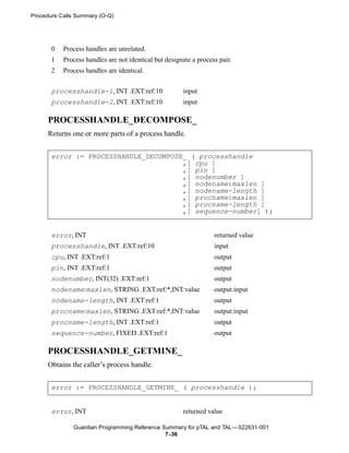 Procedure Calls Summary (O-Q)




       0   Process handles are unrelated.
       1   Process handles are not identical but designate a process pair.
       2   Process handles are identical.


       processhandle-1, INT .EXT:ref:10                input
       processhandle-2, INT .EXT:ref:10                input

     PROCESSHANDLE_DECOMPOSE_
     Returns one or more parts of a process handle.


       error := PROCESSHANDLE_DECOMPOSE_ ( processhandle
                                       ,[ cpu ]
                                       ,[ pin ]
                                       ,[ nodenumber ]
                                       ,[ nodename:maxlen ]
                                       ,[ nodename-length ]
                                       ,[ procname:maxlen ]
                                       ,[ procname-length ]
                                       ,[ sequence-number] );


       error, INT                                                  returned value
       processhandle, INT .EXT:ref:10                              input
       cpu, INT .EXT:ref:1                                         output
       pin, INT .EXT:ref:1                                         output
       nodenumber, INT(32) .EXT:ref:1                              output
       nodename:maxlen, STRING .EXT:ref:*,INT:value                output:input
       nodename-length, INT .EXT:ref:1                             output
       procname:maxlen, STRING .EXT:ref:*,INT:value                output:input
       procname-length, INT .EXT:ref:1                             output
       sequence-number, FIXED .EXT:ref:1                           output

     PROCESSHANDLE_GETMINE_
     Obtains the caller’s process handle.


       error := PROCESSHANDLE_GETMINE_ ( processhandle );


       error, INT                                      returned value

              Guardian Programming Reference Summary for pTAL and TAL —522631-001
                                              7- 36
 