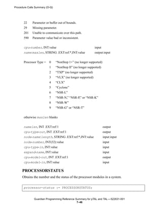 Procedure Calls Summary (O-Q)




       22    Parameter or buffer out of bounds.
       29    Missing parameter.
       201   Unable to communicate over this path.
       590   Parameter value bad or inconsistent.


       cpu-number, INT:value                                  input
       name:maxlen, STRING .EXT:ref:*,INT:value               output:input


       Processor Type =   0     “NonStop 1+” (no longer supported)
                          1     “NonStop II” (no longer supported)
                          2     “TXP” (no longer supported)
                          3     “VLX” (no longer supported)
                          4     “CLX”
                          5     “Cyclone”
                          6     “NSR-L”
                          7     “NSR-N,” “NSR-P,” or “NSR-K”
                          8     “NSR-W”
                          9     “NSR-G” or “NSR-T”


       otherwise maxlen blanks


       namelen, INT .EXT:ref:1                                        output
       cpu-type-out, INT .EXT:ref:1                                   output
       node-name:length, STRING .EXT:ref:*,INT:value                  input:input
       node-number, INT(32):value                                     input
       cpu-type-in, INT:value                                         input
       expand-name, INT:value                                         input
       cpu-model-out, INT .EXT:ref:1                                  output
       cpu-model-in, INT:value                                        input

     PROCESSORSTATUS
     Obtains the number and the status of the processor modules in a system.


       processor-status := PROCESSORSTATUS;


              Guardian Programming Reference Summary for pTAL and TAL —522631-001
                                              7- 46
 