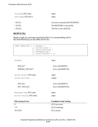 Procedure Calls Summary (R-Z)




       filenum, INT:value                            input
       new-name, INT:ref:12                          input


       < (CCL)                                       An error occurred (call FILEINFO).
       = (CCE)                                       The RENAME is successful.
       > (CCG)                                       The file is not a disk file.

      REPLY[X]
      Sends a reply to a message received earlier in a corresponding call to
      READUPDATE[X] on the $RECEIVE file.


       CALL REPLY[X] ( [          buffer ]
                      ,[          write-count ]
                      ,[          count-written ]
                      ,[          message-tag ]
                      ,[          error-return ] );


       buffer,                                       input


             INT:ref:*                                 (Use with REPLY)
             STRING .EXT:ref:*                         (Use with REPLYX)


       write-count, INT:value                        input
       count-written,                                output


             INT:ref:1                                 (Use with REPLY)
             INT .EXT:ref:1                            (Use with REPLYX)


       message-tag, INT:value                        input
       error-return, INT:value                       input


       File System Error                             Condition Code Setting
       0                                             CCE (no error)
       1-9                                           CCG (warning)
       10-32767                                      CCL (error)



                Guardian Programming Reference Summary for pTAL and TAL —522631-001
                                                8- 10
 