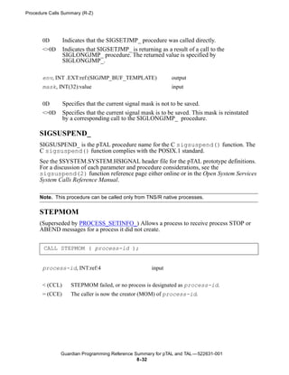 Procedure Calls Summary (R-Z)




       0D        Indicates that the SIGSETJMP_ procedure was called directly.
       <>0D      Indicates that SIGSETJMP_ is returning as a result of a call to the
                 SIGLONGJMP_ procedure. The returned value is specified by
                 SIGLONGJMP_.

       env, INT .EXT:ref:(SIGJMP_BUF_TEMPLATE)                output
       mask, INT(32):value                                    input


       0D        Specifies that the current signal mask is not to be saved.
       <>0D      Specifies that the current signal mask is to be saved. This mask is reinstated
                 by a corresponding call to the SIGLONGJMP_ procedure.

      SIGSUSPEND_
      SIGSUSPEND_ is the pTAL procedure name for the C sigsuspend() function. The
      C sigsuspend() function complies with the POSIX.1 standard.
      See the $SYSTEM.SYSTEM.HSIGNAL header file for the pTAL prototype definitions.
      For a discussion of each parameter and procedure considerations, see the
      sigsuspend(2) function reference page either online or in the Open System Services
      System Calls Reference Manual.

      Note. This procedure can be called only from TNS/R native processes.


      STEPMOM
      (Superseded by PROCESS_SETINFO_) Allows a process to receive process STOP or
      ABEND messages for a process it did not create.


       CALL STEPMOM ( process-id );


       process-id, INT:ref:4                          input


       < (CCL)      STEPMOM failed, or no process is designated as process-id.
       = (CCE)      The caller is now the creator (MOM) of process-id.




               Guardian Programming Reference Summary for pTAL and TAL —522631-001
                                               8- 32
 