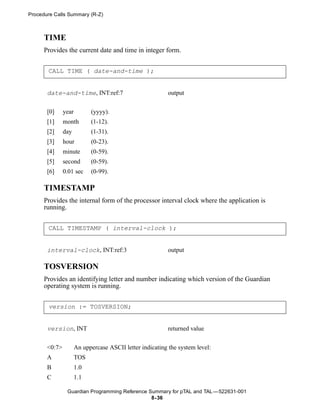 Procedure Calls Summary (R-Z)



      TIME
      Provides the current date and time in integer form.


       CALL TIME ( date-and-time );


       date-and-time, INT:ref:7                            output


       [0]     year         (yyyy).
       [1]     month        (1-12).
       [2]     day          (1-31).
       [3]     hour         (0-23).
       [4]     minute       (0-59).
       [5]     second       (0-59).
       [6]     0.01 sec     (0-99).

      TIMESTAMP
      Provides the internal form of the processor interval clock where the application is
      running.


       CALL TIMESTAMP ( interval-clock );


       interval-clock, INT:ref:3                           output

      TOSVERSION
      Provides an identifying letter and number indicating which version of the Guardian
      operating system is running.


       version := TOSVERSION;


       version, INT                                        returned value


       <0:7>          An uppercase ASCII letter indicating the system level:
       A              TOS
       B              1.0
       C              1.1

                Guardian Programming Reference Summary for pTAL and TAL —522631-001
                                                8- 36
 