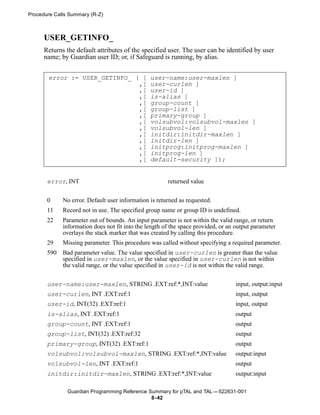 Procedure Calls Summary (R-Z)



      USER_GETINFO_
      Returns the default attributes of the specified user. The user can be identified by user
      name; by Guardian user ID; or, if Safeguard is running, by alias.


       error := USER_GETINFO_ ( [               user-name:user-maxlen ]
                               ,[               user-curlen ]
                               ,[               user-id ]
                               ,[               is-alias ]
                               ,[               group-count ]
                               ,[               group-list ]
                               ,[               primary-group ]
                               ,[               volsubvol:volsubvol-maxlen ]
                               ,[               volsubvol-len ]
                               ,[               initdir:initdir-maxlen ]
                               ,[               initdir-len ]
                               ,[               initprog:initprog-maxlen ]
                               ,[               initprog-len ]
                               ,[               default-security ]);


       error, INT                                      returned value


       0     No error. Default user information is returned as requested.
       11    Record not in use. The specified group name or group ID is undefined.
       22    Parameter out of bounds. An input parameter is not within the valid range, or return
             information does not fit into the length of the space provided, or an output parameter
             overlays the stack marker that was created by calling this procedure.
       29    Missing parameter. This procedure was called without specifying a required parameter.
       590   Bad parameter value. The value specified in user-curlen is greater than the value
             specified in user-maxlen, or the value specified in user-curlen is not within
             the valid range, or the value specified in user-id is not within the valid range.


       user-name:user-maxlen, STRING .EXT:ref:*,INT:value                         input, output:input
       user-curlen, INT .EXT:ref:1                                                input, output
       user-id, INT(32) .EXT:ref:1                                                input, output
       is-alias, INT .EXT:ref:1                                                   output
       group-count, INT .EXT:ref:1                                                output
       group-list, INT(32) .EXT:ref:32                                            output
       primary-group, INT(32) .EXT:ref:1                                          output
       volsubvol:volsubvol-maxlen, STRING .EXT:ref:*,INT:value                    output:input
       volsubvol-len, INT .EXT:ref:1                                              output
       initdir:initdir-maxlen, STRING .EXT:ref:*,INT:value                        output:input

               Guardian Programming Reference Summary for pTAL and TAL —522631-001
                                               8- 42
 