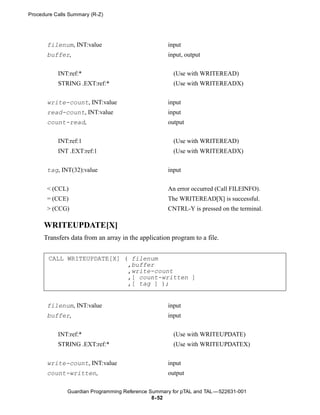 Procedure Calls Summary (R-Z)




       filenum, INT:value                           input
       buffer,                                      input, output


           INT:ref:*                                  (Use with WRITEREAD)
           STRING .EXT:ref:*                          (Use with WRITEREADX)


       write-count, INT:value                       input
       read-count, INT:value                        input
       count-read,                                  output


           INT:ref:1                                  (Use with WRITEREAD)
           INT .EXT:ref:1                             (Use with WRITEREADX)


       tag, INT(32):value                           input


       < (CCL)                                      An error occurred (Call FILEINFO).
       = (CCE)                                      The WRITEREAD[X] is successful.
       > (CCG)                                      CNTRL-Y is pressed on the terminal.

      WRITEUPDATE[X]
      Transfers data from an array in the application program to a file.


       CALL WRITEUPDATE[X] ( filenum
                            ,buffer
                            ,write-count
                            ,[ count-written ]
                            ,[ tag ] );


       filenum, INT:value                           input
       buffer,                                      input


           INT:ref:*                                  (Use with WRITEUPDATE)
           STRING .EXT:ref:*                          (Use with WRITEUPDATEX)


       write-count, INT:value                       input
       count-written,                               output

               Guardian Programming Reference Summary for pTAL and TAL —522631-001
                                               8- 52
 