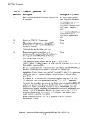 CONTROL Operations



     Table 9-2. CONTROL Operations 2 - 27
      Operation      Description                                          Description of <param>
      21             Disk, allocate or deallocate extents (write access   0: deallocate all extents
                     is required).                                        past the end-of-file extent
                                                                          1: maximum-extents
                                                                          number of extents to
                                                                          allocate for a nonpartitional
                                                                          file (for DP2 disk files
                                                                          only)
                                                                          1:16* number of partitions
                                                                          number of extents to
                                                                          allocate for a partitioned
                                                                          file
      22             Cancel an AM3270 I/O operation.                      None
      24             Magnetic tape, force end-of-volume (EOV).            None
                     Next volume in set is requested and current
                     volume is unloaded.
                     Valid only for ANSI or IBM label tape.
      26             Requests immediate completion of all                 None
                     outstanding I/O requests without loss of data by
                     the recipient of the CONTROL 26 request.
      27             Wait for DP2 disk file write.
                     This operation finishes when a WRITE, WRITEUPDATE, or
                     WRITEUPDATEUNLOCK occurs on a DP2 disk file designated by filenum.
                     Not valid for partitioned files.
                     Do not assume that the file contains any new data when a call to CONTROL 27
                     finishes; assume only that it is time to check the file for new data.
                     CONTROL 27 also finishes when a WRITE or WRITEUPDATE occurs as part
                     of a logical undo of a transaction by the backout process or when a volume
                     goes down.
                     If SETMODE 146 was specified, each write completes only one CONTROL
                     27; otherwise, each write completes all pending CONTROL 27 operations.
                     To ensure that no updates are missed, you should issue a nowait CONTROL 27
                     call on one open to a file, then read data from the file on another open, and
                     finally wait for the CONTROL operation to finish. If CONTROL 27 were
                     executed after reading, a write by another process could occur between the read
                     and the CONTROL operations. The file open that is used for the CONTROL
                     operation should have a syncdepth of 0. Path errors and network errors
                     might indicate successful completion.
                     Refer to the discussion of CONTROL operation 27 in the Guardian
                     Programmer’s Guide.




             Guardian Programming Reference Summary for pTAL and TAL —522631-001
                                             9 -4
 
