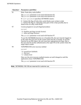 SETMODE Operations



      <function>     Parameters and Effect
      95             Disk: Flush dirty cache buffers
                     The param1 parameter is not used with function 95.
                     The param2 parameter is not used with function 95.
                     If last-params is specified, SETMODE returns:
                     0 = broken file flag off after dirty cache blocks were written to disk
                     1 = broken file flag on, indicating some part of file is bad, possibly due to
                     failed write of a dirty cache block
      97             License program to use privileged procedures
                     param1
                     = 0 disallow privilege (revoke license)
                     = 1 allow privilege (license)
                     The param2 parameter is not used with function 97.
                     To use this SETMODE function on a Guardian file, the user must be logged on
                     as the super ID (255,255) on the system where the file is located. To use this
                     function on an OSS object, the user must have appropriate privilege; that is,
                     the user must be locally authenticated as the super ID on the system where the
                     target object resides.
      99             TAPEPROCESS error recovery method
                     param1
                     = 0 record level (default)
                     = 1 file level
                     = 2 volume level
                     Once set, the error recovery method remains set until changed or until the
                     application closes TAPEPROCESS.
                     The param2 parameter is not used with function 99.


     Note. SETMODEs 100-109 are reserved for customer use.




             Guardian Programming Reference Summary for pTAL and TAL —522631-001
                                            11 -19
 