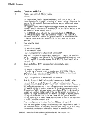 SETMODE Operations



      <function>     Parameters and Effect
      117            Process files: Set TRANSID forwarding
                     param1
                     = 0 normal mode (default for process subtypes other than 30 and 31): If a
                     transaction identifier is in effect at the time of a write, read, or writeread on the
                     process file, it is sent with the request so that the receiver will operate under
                     the transaction.
                     = 1 suppress mode (default for process subtypes 30 and 31): A transaction
                     identifier is never associated with a message on the process file, whether or not
                     one is in effect for the sending process.
                     The SETMODE action is local to the program that calls SETMODE; no
                     SETMODE message is sent to the destination process. If this SETMODE
                     function is invoked in a process pair, provision should be made to either call
                     CHECKSETMODE or to reexecute the SETMODE call at the time of a
                     takeover.
      119            Tape drive: Set mode
                     param1
                     = 0 set start/stop mode
                     = 1 set streaming mode
                     Theparam2 parameter is not used with function 119.
                     Only the 3209 controller supports both options of SETMODE 119. The 3208
                     and 3211 controllers supports this SETMODE function only when param1 = 0.
                     The 3214 and 3215 controllers support this SETMODE function only when
                     param1 = 1.
      120            Return end-of-tape (EOT) message when writing labeled tapes
                     param1
                     = 0 volume switching is transparent
                     = 1 notify user of volume switch by sending error 150 (EOT). COBOL
                     applications do not receive error 150 (EOT); the COBOL run-time library
                     (RTL) handles this error transparently.
                     Theparam2 parameter is not used with function 120.
      123            Disk: Set the generic lock key length of a key-sequenced file (DP2 only).
                     param1=lock key length. The generic lock key length determines the
                     grouping of records that will share a single lock. This value must be between 0
                     and the key length of the file. If locks are in force at the time of the call, this
                     SETMODE function is rejected with error 73. The key length value applies to
                     all partitions of a file. Alternate keys are not affected. If the lock key length is
                     nonzero and less than the key length of the file, the keys are not affected. If
                     the lock key length is nonzero and less than the key length of the file, generic
                     locking is activated and calls to UNLOCKREC are thus ignored. Generic
                     locking is turned off by giving a lock key length of 0 or equal to the key length
                     of the file (which is equivalent to 0).
                     Theparam2 parameter is not used and should be zero if supplied.
                     Note that when generic locking is activated, any write is rejected with error 73
                     if it attempts to insert a record having the same generic lock key as an existing
                     lock owned by another user, whether for audited or nonaudited files.

             Guardian Programming Reference Summary for pTAL and TAL —522631-001
                                            11 -21
 
