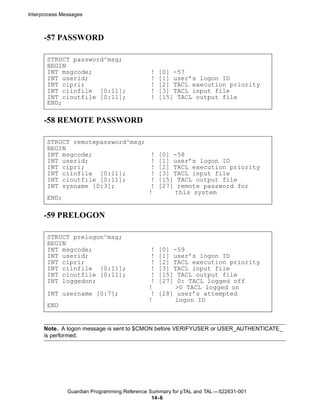 Interprocess Messages



      -57 PASSWORD

       STRUCT password^msg;
       BEGIN
       INT msgcode;                           !   [0] -57
       INT userid;                            !   [1] user’s logon ID
       INT cipri;                             !   [2] TACL execution priority
       INT ciinfile [0:11];                   !   [3] TACL input file
       INT cioutfile [0:11];                  !   [15] TACL output file
       END;

      -58 REMOTE PASSWORD

       STRUCT remotepassword^msg;
       BEGIN
       INT msgcode;                           !   [0] -58
       INT userid;                            !   [1] user’s logon ID
       INT cipri;                             !   [2] TACL execution priority
       INT ciinfile [0:11];                   !   [3] TACL input file
       INT cioutfile [0:11];                  !   [15] TACL output file
       INT sysname [0:3];                     !   [27] remote password for
                                             !        this system
       END;

      -59 PRELOGON

       STRUCT prelogon^msg;
       BEGIN
       INT msgcode;                           !   [0] -59
       INT userid;                            !   [1] user’s logon ID
       INT cipri;                             !   [2] TACL execution priority
       INT ciinfile [0:11];                   !   [3] TACL input file
       INT cioutfile [0:11];                  !   [15] TACL output file
       INT loggedon;                          !   [27] 0: TACL logged off
                                             !        >0 TACL logged on
       INT username [0:7];                    !   [28] user’s attempted
                                             !        logon ID
       END


      Note. A logon message is sent to $CMON before VERIFYUSER or USER_AUTHENTICATE_
      is performed.




               Guardian Programming Reference Summary for pTAL and TAL —522631-001
                                               14- 6
 