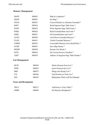 TNS Instruction Set                                               TNS Alphabetical List of Instructions



      Memory Management

       MAPS                   000042                 Map In a Segment *
       SMAP                   000067                 Set Map *
       CRAX                   000423                 Convert Relative to Absolute Extended *
       RSPT                   000424                 Read Segment Page Table Entry *
       WSPT                   000425                 Write Segment Page Table Entry *
       RXBL                   000426                 Read Extended Base and Limit *
       SXBL                   000427                 Set Extended Base and Limit *
       LCKX                   000430                 Lock Down Extended Memory *
       ULKX                   000431                 Unlock Extended Memory *
       CMRW                   000432                 Correctable Memory Error Read/Write *
       SVMP                   000441                 Save Map Entries *
       BNDW                   000450                 Bounds Test Words *
       SCPV                   000463                 Set Current Process Variables *
       ASPT                   000470                 Address of Segment Page Table Header *

      List Management

       DLTE                    000054                  Delete Element from List *
       INSR                    000055                  Insert Element into List *
       MRL                     000075                  Merge onto Ready List *
       FTL                     000206                  Find Position in Time List *
       DTL                     000207                  Determine Time Left for Element

      Trace and Breakpoints

       TRCE                    000217                  Add Entry to Trace Table *
       SMBP                    000404                  Set Memory Breakpoint *




                Guardian Programming Reference Summary for pTAL and TAL —522631-001
                                               17 -21
 