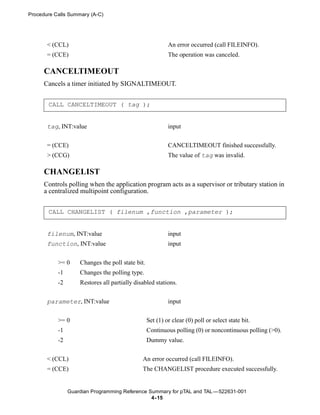 Procedure Calls Summary (A-C)




       < (CCL)                                             An error occurred (call FILEINFO).
       = (CCE)                                             The operation was canceled.

      CANCELTIMEOUT
      Cancels a timer initiated by SIGNALTIMEOUT.


       CALL CANCELTIMEOUT ( tag );


       tag, INT:value                                      input


       = (CCE)                                             CANCELTIMEOUT finished successfully.
       > (CCG)                                             The value of tag was invalid.

      CHANGELIST
      Controls polling when the application program acts as a supervisor or tributary station in
      a centralized multipoint configuration.


       CALL CHANGELIST ( filenum ,function ,parameter );


       filenum, INT:value                                  input
       function, INT:value                                 input


           >= 0     Changes the poll state bit.
           -1       Changes the polling type.
           -2       Restores all partially disabled stations.


       parameter, INT:value                                input


           >= 0                                   Set (1) or clear (0) poll or select state bit.
           -1                                     Continuous polling (0) or noncontinuous polling (>0).
           -2                                     Dummy value.


       < (CCL)                                An error occurred (call FILEINFO).
       = (CCE)                                The CHANGELIST procedure executed successfully.


                Guardian Programming Reference Summary for pTAL and TAL —522631-001
                                                4- 15
 