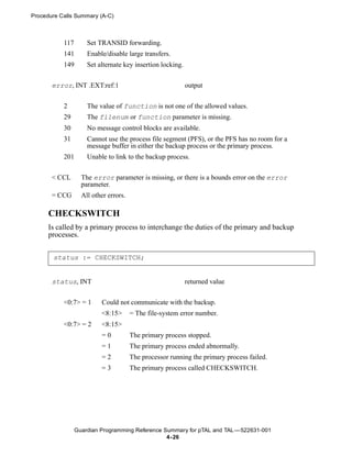 Procedure Calls Summary (A-C)



           117       Set TRANSID forwarding.
           141       Enable/disable large transfers.
           149       Set alternate key insertion locking.


       error, INT .EXT:ref:1                                output


           2         The value of function is not one of the allowed values.
           29        The filenum or function parameter is missing.
           30        No message control blocks are available.
           31        Cannot use the process file segment (PFS), or the PFS has no room for a
                     message buffer in either the backup process or the primary process.
           201       Unable to link to the backup process.


       < CCL       The error parameter is missing, or there is a bounds error on the error
                   parameter.
       = CCG       All other errors.

      CHECKSWITCH
      Is called by a primary process to interchange the duties of the primary and backup
      processes.


       status := CHECKSWITCH;


       status, INT                                          returned value

           <0:7> = 1      Could not communicate with the backup.
                          <8:15>       = The file-system error number.
           <0:7> = 2      <8:15>
                          =0           The primary process stopped.
                          =1           The primary process ended abnormally.
                          =2           The processor running the primary process failed.
                          =3           The primary process called CHECKSWITCH.




                 Guardian Programming Reference Summary for pTAL and TAL —522631-001
                                                 4- 26
 