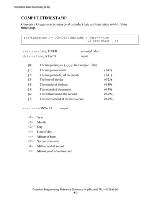Procedure Calls Summary (A-C)



      COMPUTETIMESTAMP
      Converts a Gregorian (common civil calendar) date and time into a 64-bit Julian
      timestamp.


       ret-timestamp := COMPUTETIMESTAMP ( date-n-time
                                          ,[ errormask ] );


       ret-timestamp, FIXED                            returned value
       date-n-time, INT:ref:8                          input


           [0]        The Gregorian year (yyyy, for example, 1986).
           [1]        The Gregorian month                               (1-12).
           [2]        The Gregorian day of the month                    (1-31).
           [3]        The hour of the day                               (0-23).
           [4]        The minute of the hour                            (0-59).
           [5]        The second of the minute                          (0-59).
           [6]        The millisecond of the second                     (0-999).
           [7]        The microsecond of the millisecond                (0-999).


       errormask, INT:ref:1            output


           <0>      Year
           <1>      Month
           <2>      Day
           <3>      Hour of day
           <4>      Minute of hour
           <5>      Second of minute
           <6>      Millisecond of second
           <7>      Microsecond of millisecond




                 Guardian Programming Reference Summary for pTAL and TAL —522631-001
                                                 4- 31
 