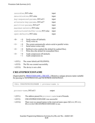 Procedure Calls Summary (A-C)




       recordlen, INT:value                                  input
       data-blocklen, INT:value                              input
       key-sequenced-params, INT:ref:3                       input
       alternate-key-params, INT:ref:*                       input
       partition-params, INT:ref:*                           input
       maximum-extents, INT:value                            input
       unstructured-buffer-size, INT:value                   input
       open-defaults, INT:value                              input


       <0>       =0      Verify writes off (default).
                 =1      Verify write on.
       <1>       =0      The system automatically selects serial or parallel writes.
                 =1      Serial mirror writes only.
       <2>       =0      Buffered writes enabled (the default for audited files).
                 =1      Write-thru (the default for nonaudited files).
       <3>       =0      Audit compression off (default).
                 =1      Audit compression on.


       < (CCL)        The create failed (call FILEINFO).
       = (CCE)        The file was created successfully.
       > (CCG)        The device is not a disk.

      CREATEPROCESSNAME
      (Superseded by PROCESSNAME_CREATE_) Returns a unique process name suitable
      for passing to NEWPROCESS and NEWPROCESSNOWAIT.


       CALL CREATEPROCESSNAME ( process-name );


       process-name, INT:ref:3                             output


       < (CCL)          The address passed for process-name is out of bounds.
       = (CCE)          CREATEPROCESSNAME was successful.
       > (CCG)          There were no unused names in the reserved name space ($Zddd, $Yddd,
                        $Xddd) for CREATEPROCESSNAME to use.




               Guardian Programming Reference Summary for pTAL and TAL —522631-001
                                               4- 41
 