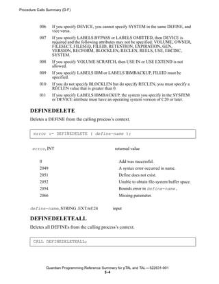 Procedure Calls Summary (D-F)



           006      If you specify DEVICE, you cannot specify SYSTEM in the same DEFINE, and
                    vice versa.
           007      If you specify LABELS BYPASS or LABELS OMITTED, then DEVICE is
                    required and the following attributes may not be specified: VOLUME, OWNER,
                    FILESECT, FILESEQ, FILEID, RETENTION, EXPIRATION, GEN,
                    VERSION, RECFORM, BLOCKLEN, RECLEN, REELS, USE, EBCDIC,
                    SYSTEM.
           008      If you specify VOLUME SCRATCH, then USE IN or USE EXTEND is not
                    allowed.
           009      If you specify LABELS IBM or LABELS IBMBACKUP, FILEID must be
                    specified.
           010      If you do not specify BLOCKLEN but do specify RECLEN, you must specify a
                    RECLEN value that is greater than 0.
           011      If you specify LABELS IBMBACKUP, the system you specify in the SYSTEM
                    or DEVICE attribute must have an operating system version of C20 or later.

      DEFINEDELETE
      Deletes a DEFINE from the calling process’s context.


       error := DEFINEDELETE ( define-name );


       error, INT                                     returned value


           0                                            Add was successful.
           2049                                         A syntax error occurred in name.
           2051                                         Define does not exist.
           2052                                         Unable to obtain file-system buffer space.
           2054                                         Bounds error in define-name.
           2066                                         Missing parameter.


      define-name, STRING .EXT:ref:24                input

      DEFINEDELETEALL
      Deletes all DEFINEs from the calling process’s context.


       CALL DEFINEDELETEALL;




                 Guardian Programming Reference Summary for pTAL and TAL —522631-001
                                                 5 -4
 