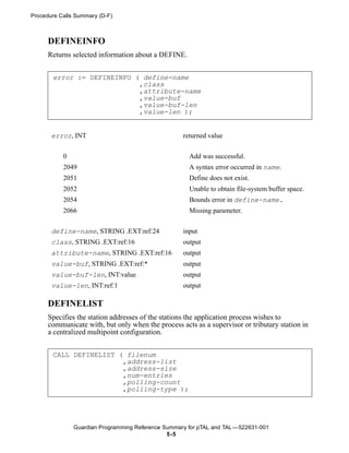 Procedure Calls Summary (D-F)



      DEFINEINFO
      Returns selected information about a DEFINE.


       error := DEFINEINFO ( define-name
                            ,class
                            ,attribute-name
                            ,value-buf
                            ,value-buf-len
                            ,value-len );


       error, INT                                   returned value


           0                                          Add was successful.
           2049                                       A syntax error occurred in name.
           2051                                       Define does not exist.
           2052                                       Unable to obtain file-system buffer space.
           2054                                       Bounds error in define-name.
           2066                                       Missing parameter.


       define-name, STRING .EXT:ref:24              input
       class, STRING .EXT:ref:16                    output
       attribute-name, STRING .EXT:ref:16           output
       value-buf, STRING .EXT:ref:*                 output
       value-buf-len, INT:value                     output
       value-len, INT:ref:1                         output

      DEFINELIST
      Specifies the station addresses of the stations the application process wishes to
      communicate with, but only when the process acts as a supervisor or tributary station in
      a centralized multipoint configuration.


       CALL DEFINELIST ( filenum
                        ,address-list
                        ,address-size
                        ,num-entries
                        ,polling-count
                        ,polling-type );




               Guardian Programming Reference Summary for pTAL and TAL —522631-001
                                               5 -5
 