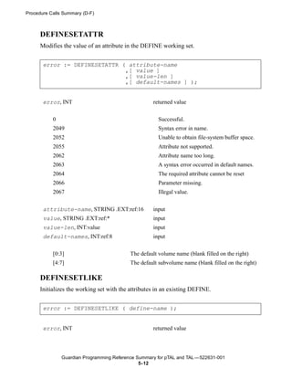 Procedure Calls Summary (D-F)



      DEFINESETATTR
      Modifies the value of an attribute in the DEFINE working set.


       error := DEFINESETATTR ( attribute-name
                               ,[ value ]
                               ,[ value-len ]
                               ,[ default-names ] );


       error, INT                                   returned value


           0                                           Successful.
           2049                                        Syntax error in name.
           2052                                        Unable to obtain file-system buffer space.
           2055                                        Attribute not supported.
           2062                                        Attribute name too long.
           2063                                        A syntax error occurred in default names.
           2064                                        The required attribute cannot be reset
           2066                                        Parameter missing.
           2067                                        Illegal value.


       attribute-name, STRING .EXT:ref:16           input
       value, STRING .EXT:ref:*                     input
       value-len, INT:value                         input
       default-names, INT:ref:8                     input


           [0:3]                           The default volume name (blank filled on the right)
           [4:7]                           The default subvolume name (blank filled on the right)

      DEFINESETLIKE
      Initializes the working set with the attributes in an existing DEFINE.


       error := DEFINESETLIKE ( define-name );


       error, INT                                   returned value




               Guardian Programming Reference Summary for pTAL and TAL —522631-001
                                               5- 12
 