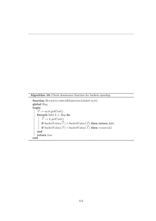 Algorithm 10: Check dominance function for buckets speedup
function Buckets.checkDominance(label next)
global Bag
begin
−→c := next.getCost()
foreach label L ∈ Bag do
−→
l := L.getCost()
if bucketV alue(
−→
l ) bucketV alue(−→c ) then return false
if bucketV alue(−→c ) bucketV alue(
−→
l ) then remove(L)
end
return true
end
114
 